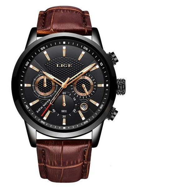 Mens Top Brand Leather Chronograph Waterproof Sport Automatic